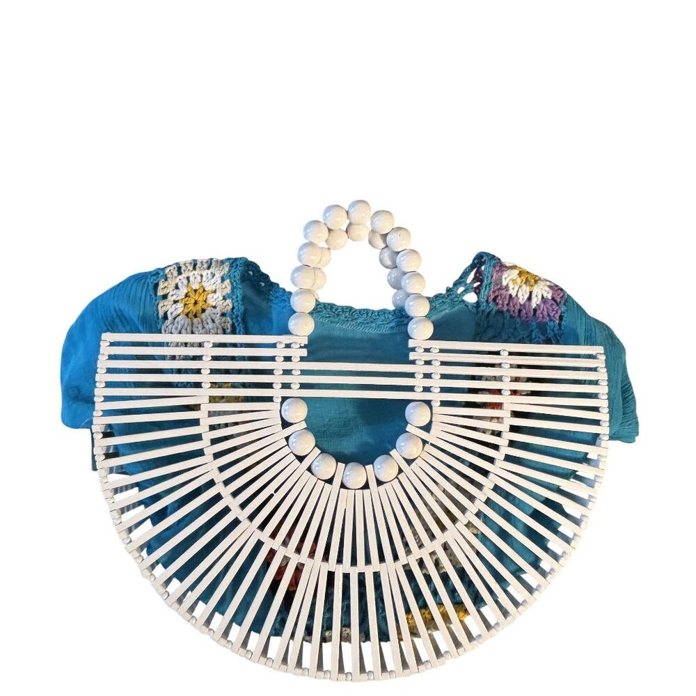 Crochet-Accented Teal Blue Kaftan Dress & White Beaded Bamboo Handbag Set - Picture 2 of 12